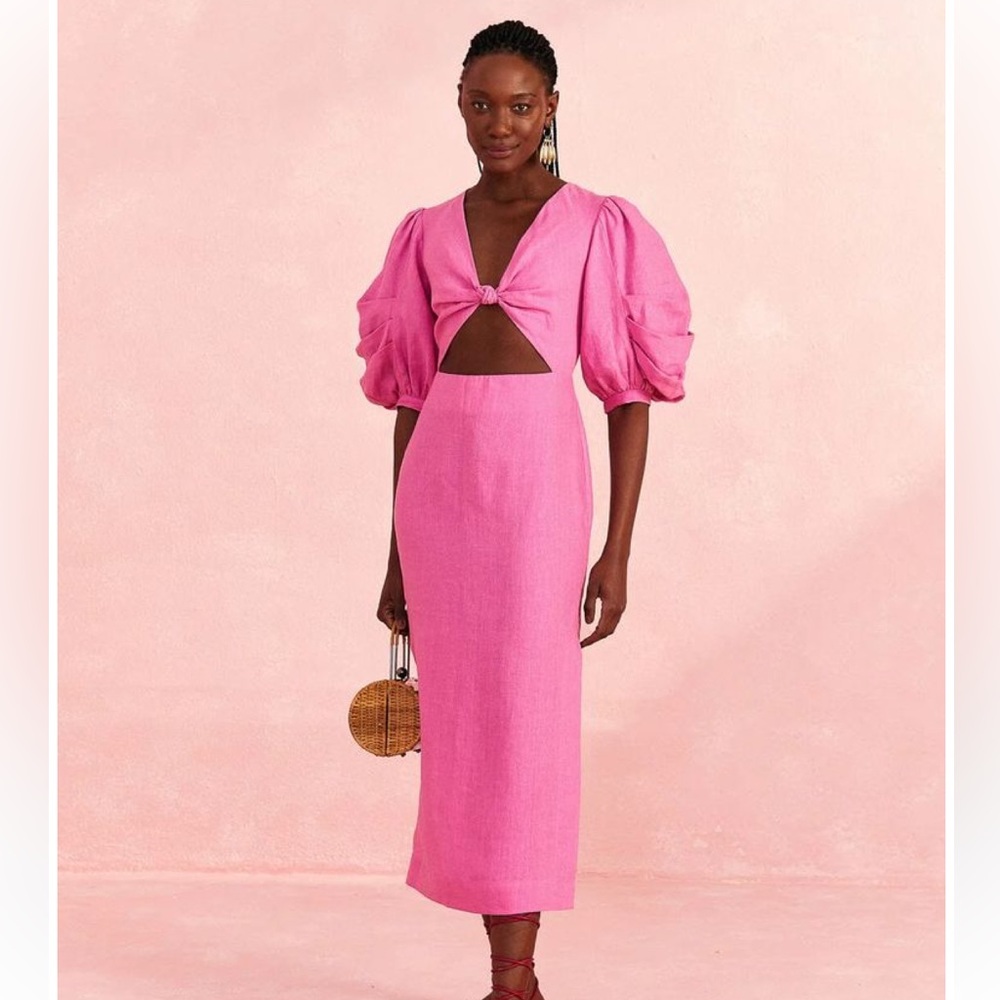 NWT Farm Rio Pink Linen Puff Sleeve Midi Dress - XL